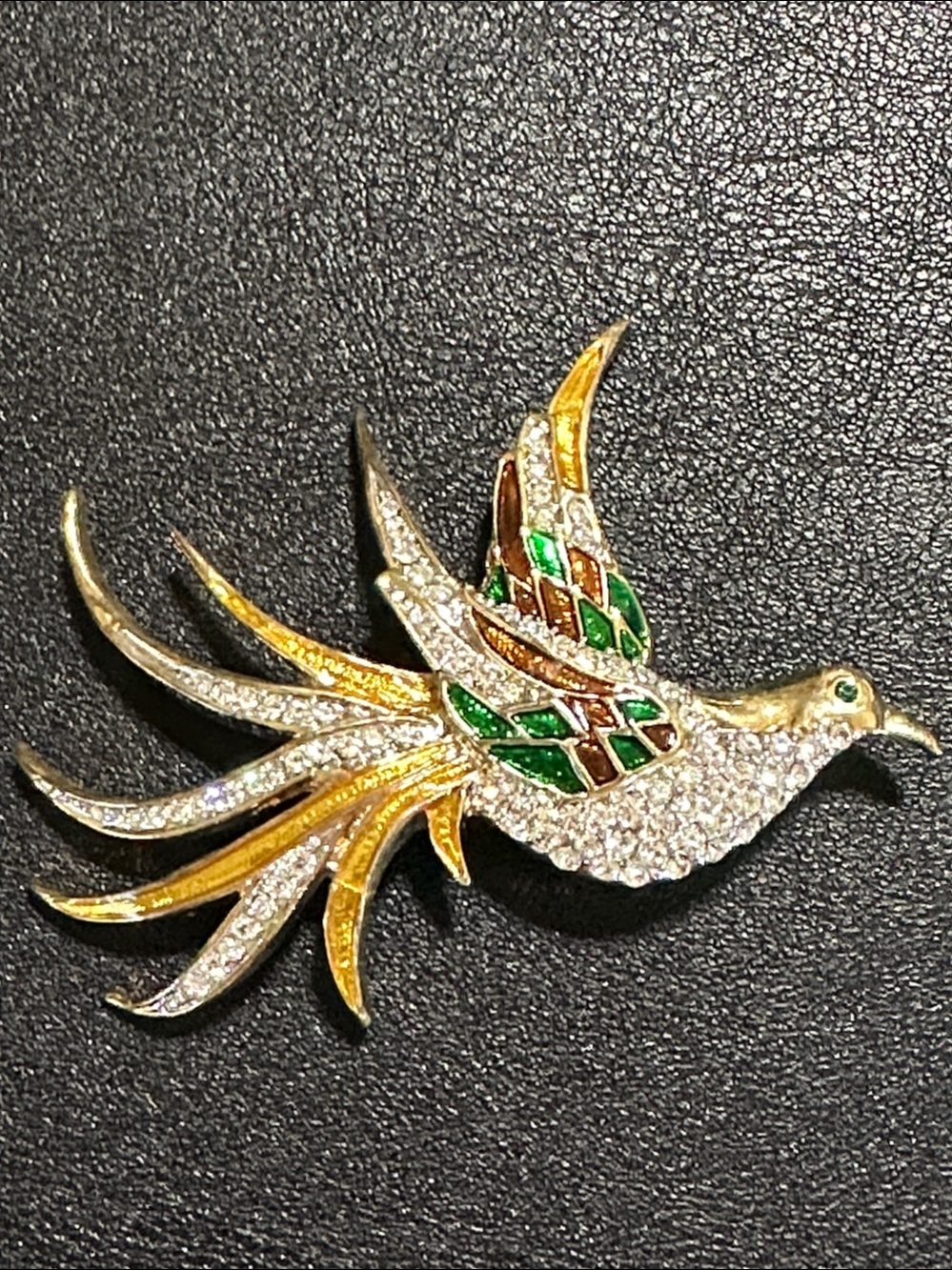 Bird of Paradise Vintage Brooch Rhinestone Enamel Pin Gold Tone